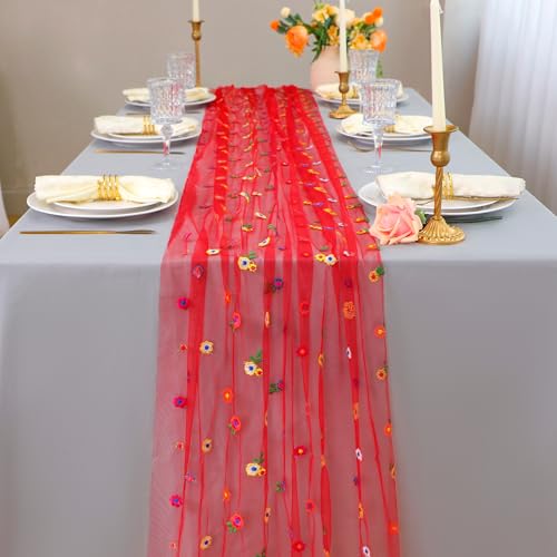 Red Floral Embroidery Table Runner 10FT for Wedding & Home Decor