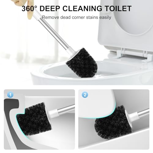Toilet Brush and Holder Set - Auto Closing Lid & Long Handle Scrubber