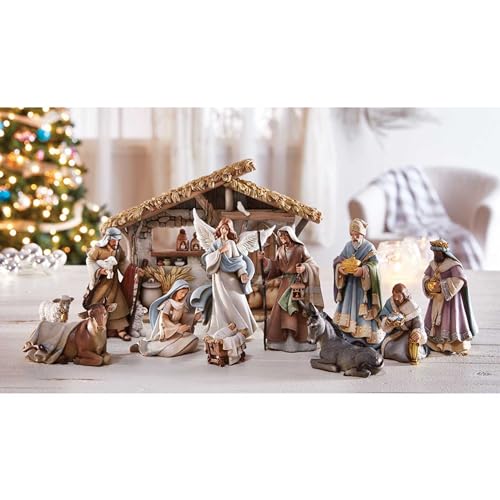 12-Piece Christmas Nativity Scene Set with Creche, Hand-Painted Resin Figurines