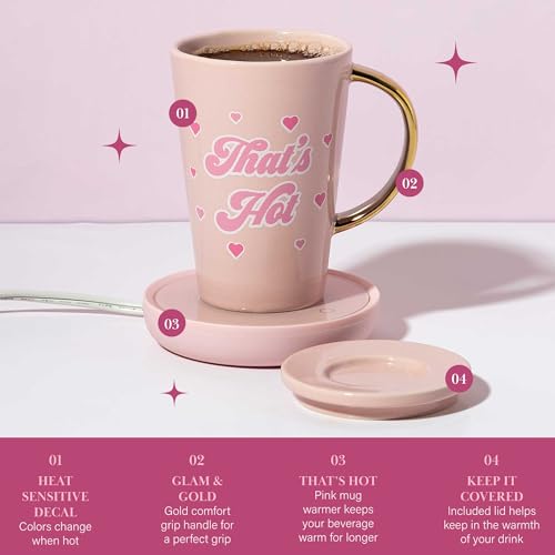 Paris Hilton Electric Mug Warmer Set with 14oz Ceramic Mug & Lid, Color-Changing Design