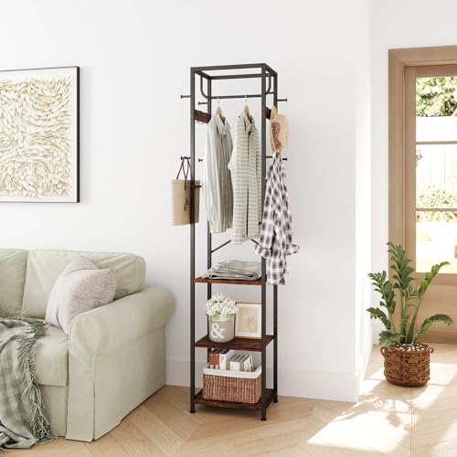 Industrial Freestanding Hall Tree with 3 Shelves and 12 Hooks, Rustic Brown