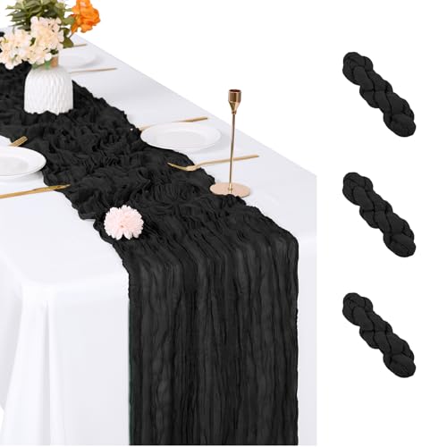 3 Pack Black Cheesecloth Table Runner, 17 x 108 Inch Semi-Sheer Boho Decor