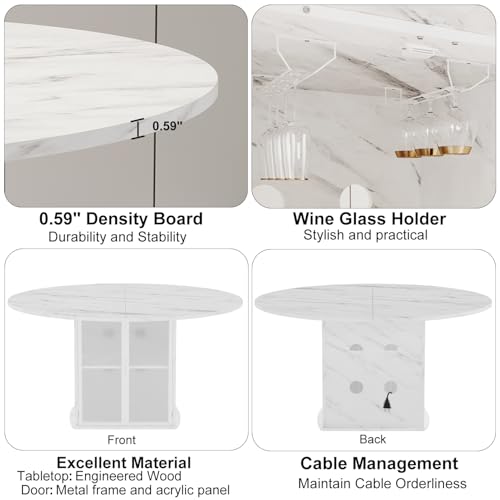 47-Inch Round Faux Marble Dining Table with Storage Cabinet and Fridge Space