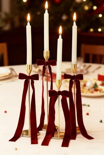 12 Pack Velvet Christmas Bows for Candlestick & Holiday Decor, Wine Red