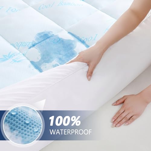 DOWNCOOL Queen Cooling Memory Foam Mattress Topper - Waterproof Bamboo Top