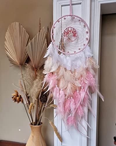 Pink Dream Catcher with Tree of Life and Natural Rose Quartz Crystal Stones