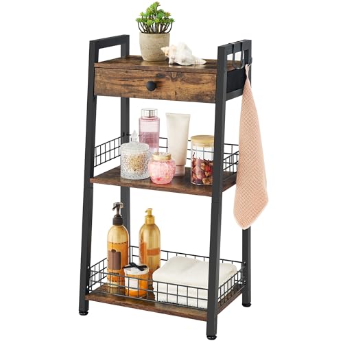3-Tier Bathroom Ladder Shelf with Storage Drawer and Towel Hooks