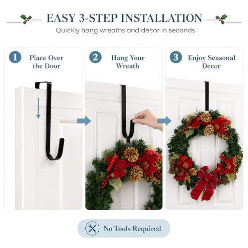 Black Carbon Steel Wreath Hanger - 5 Inch Over the Door Hook for Holiday Decor