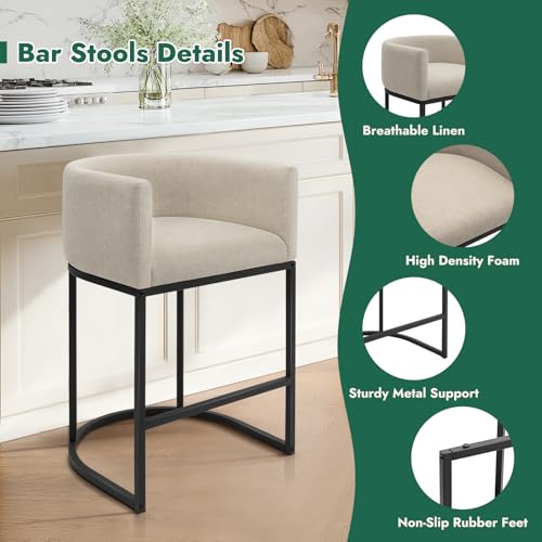 Set of 3 Counter Height Bar Stools, 24-Inch Upholstered Linen Bar Chairs