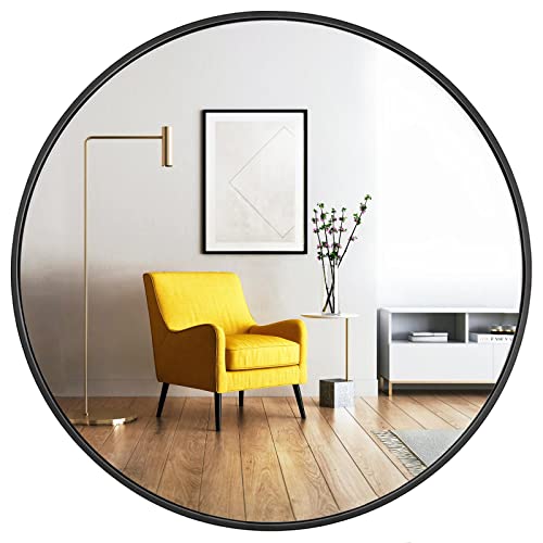 24-Inch Round Wall Mirror, Matte Black Metal Frame for Bathroom and Vanity