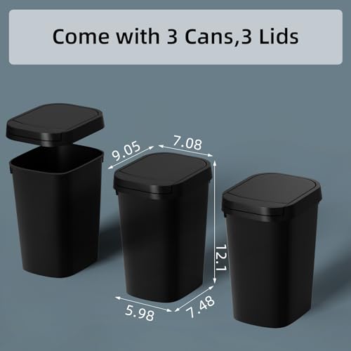 3 Pack Small Trash Can with Lid 2.6 Gallon Slim Matte Black Wastebasket