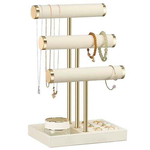 3-Tier Velvet Jewelry Organizer Stand with Ring Tray and Storage Base