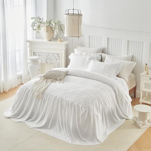 Queen White Ruffle Skirt Bedspread Set - 3-Piece Vintage Boho Quilt Coverlet