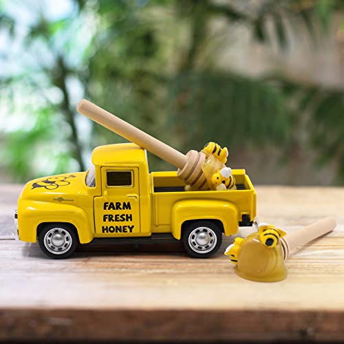 Yellow Metal Honey Bee Farm Pickup Truck with Faux Honey Dippers Set