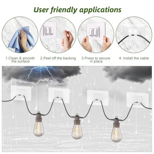 50-Pack Adhesive Outdoor String Light Hooks, Waterproof No-Drill Clips