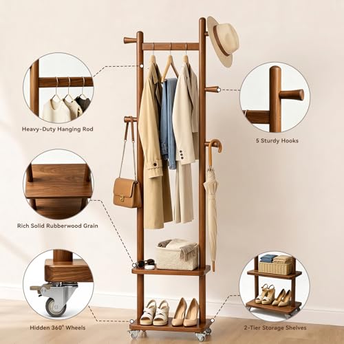 Freestanding Solid Wood Coat Rack with Wheels, 5 Hooks & 2 Storage Shelves