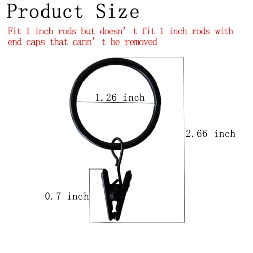 Black Metal Curtain Rings with Clips, Fits Up to 1-Inch Rod (16 Pack)