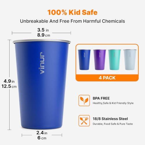 16 oz Stainless Steel Pint Cups - Set of 4 Colorful Stackable Metal Glasses