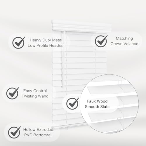 2-Inch Faux Wood Cordless Blinds, 22" x 36", Bright White