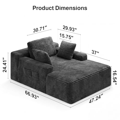 67-Inch Oversized Corduroy Chaise Lounge Chair with 3 Pillows - Gray