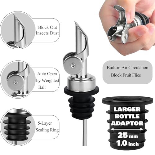 Pafusen 3 Pack Oil Pour Spouts with Adapters - Silver, Dripless, Leak-Free for Olive Oil & Liquor Bottles