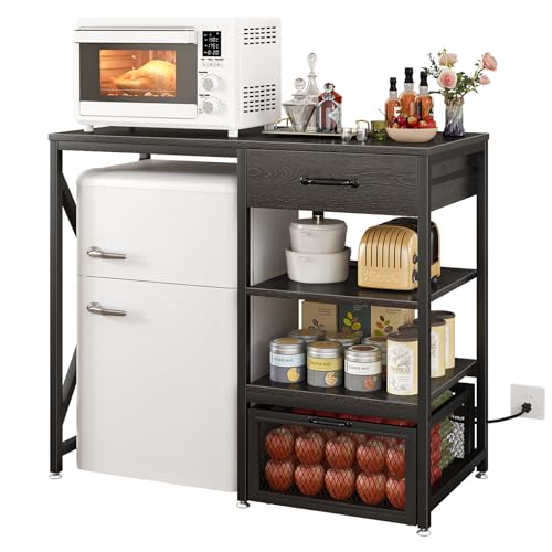 Mini Fridge Stand with Power Outlet, Adjustable Shelves and Storage Drawers