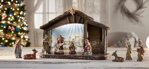 LED Nativity Scene Set with Stable and Holy Family - 11-Piece Christian Christmas Decoration