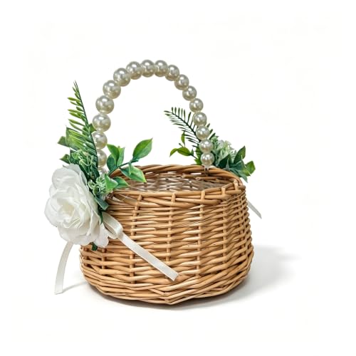 Handwoven Rattan Flower Girl Basket with Pearl Handle and Bow Decoration