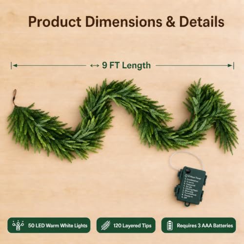Auwoypetal 9FT Christmas Norfolk Pine Garland with 50 Warm White LED Lights