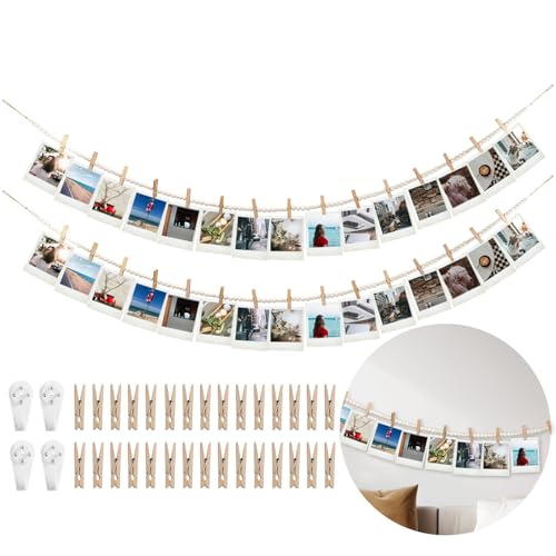 Boho Hanging Photo Display with Wood Beads and 30 Clips, 67-Inch Garland