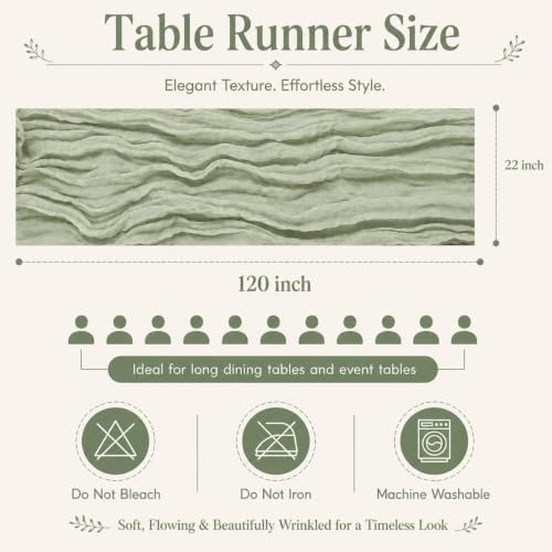 10 Pack Sage Green Cheesecloth Table Runners, 22x120 Inch Boho Gauze Runners