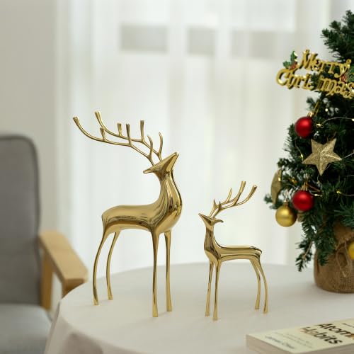 Sziqiqi Reindeer Figurine Statues Deluxe Set of 2 Brass Gold Small & Large
