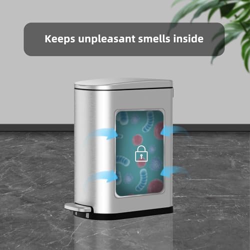 Slim Stainless Steel Trash Can, 2.6 Gallon Soft Close Garbage Can with Removable Inner Bucket and Bags for Bathroom and Narrow Spaces