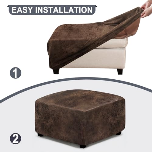 Leather Ottoman Cover - Stretch Slipcover for Square & Rectangular Ottomans, Medium Size with Non-Slip Bottom