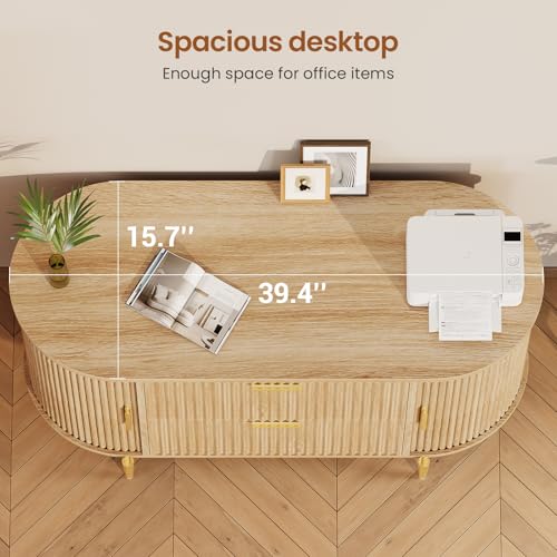 SEDETA Natural Fluted 2-Drawer File Cabinet with Sliding Doors for Home Office
