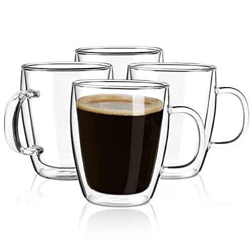 YUNCANG 4-Pack Double Wall 16oz Glass Coffee Mugs - Heat-Resistant, Clear with Handle