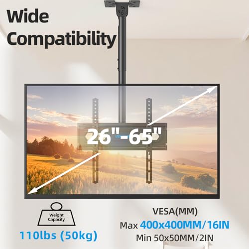 Full Motion Ceiling TV Mount for 26-65 inch TVs, Adjustable Height & Tilt