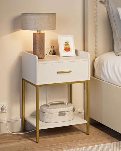 Modern 3-Tier Bedside Nightstand with Charging Station and Storage Drawer