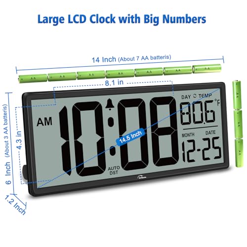 14.5" Large Digital Wall Clock Battery Operated - Auto DST, Temp & Date