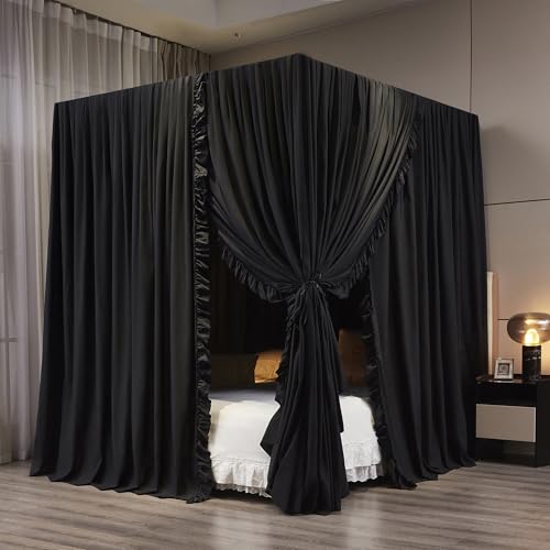 Black Canopy Bed Curtains - Queen Size Breathable Microfiber Drapes