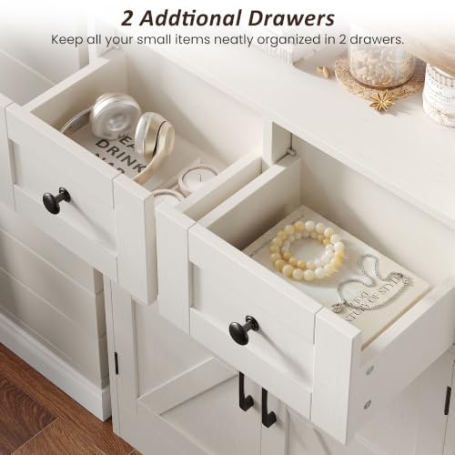 Farmhouse Storage Cabinet with 2 Drawers and Barn Doors, White Pantry