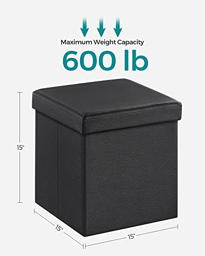 15-Inch Foldable Storage Ottoman Cube, Synthetic Leather Footstool - Black