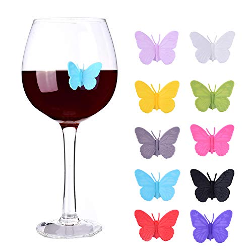 Butterfly Silicone Wine Glass Markers Set of 10 with Suction Cups – Reusable Drink Charms for Parties