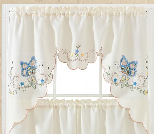 3-Piece Butterfly Embroidery Cafe Curtains Set - Blue