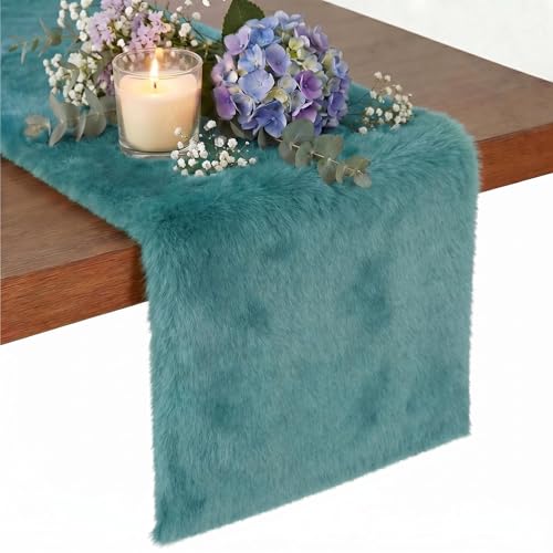 Teal Blue Faux Fur Table Runner 11.8 x 47.2 inches - Ultra Soft, Anti-Slip Backing