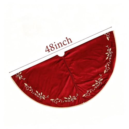 48-Inch Red Velvet Christmas Tree Skirt with Gold Embroidered Holly Leaves