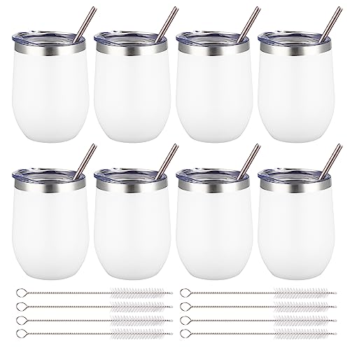 12 oz Insulated Stemless Wine Tumbler with Lid & Straw – 8 Count, White