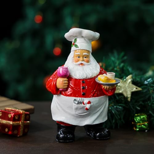 Chef Santa Claus Tabletop Figurine - Resin Christmas Decor with Wine & Bread