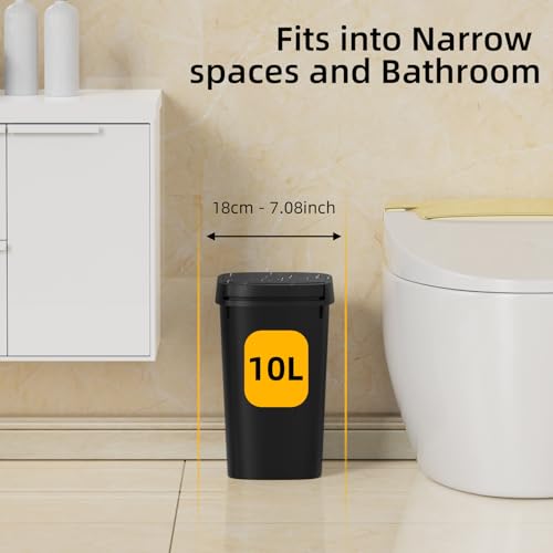 3 Pack Small Trash Can with Lid 2.6 Gallon Slim Matte Black Wastebasket