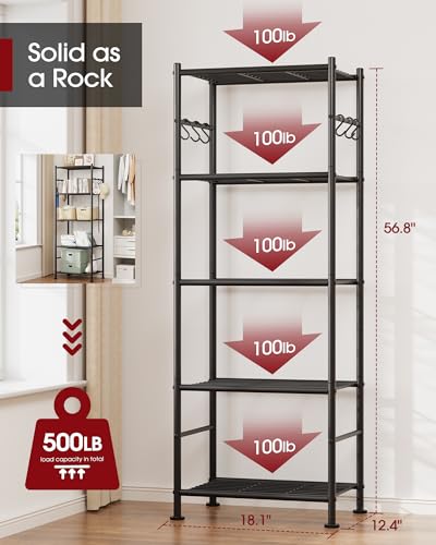 5-Tier Heavy-Duty Storage Shelf Organizer with Hooks and Leveling Feet